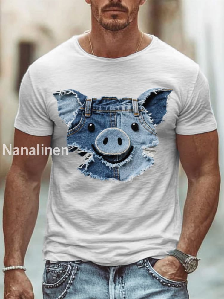 Men’s Cute Pig Patchwork Art T-Shirt White / S