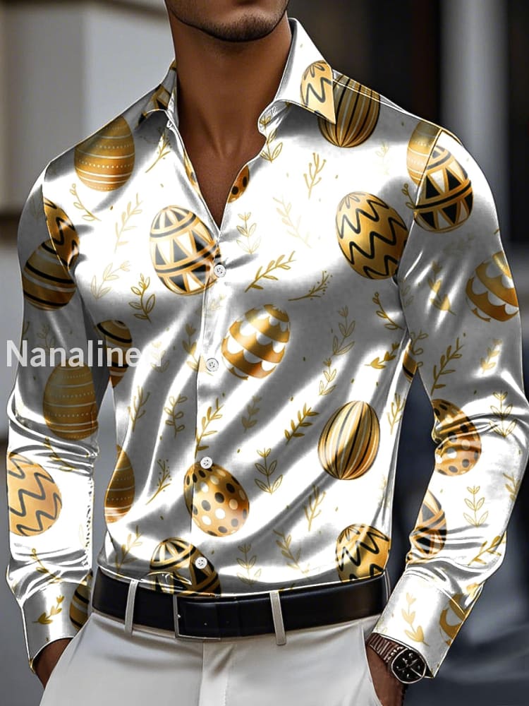 Men’s Easter Egg Print Premium Satin Long Sleeve Shirt Colorful / S