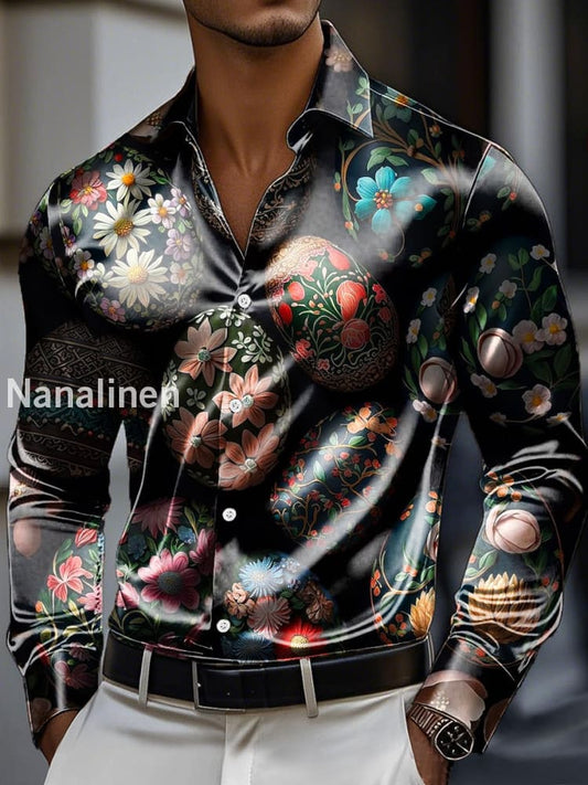 Men’s Easter Floral Easter Egg Print Premium Satin Long Sleeve Shirt Colorful / S