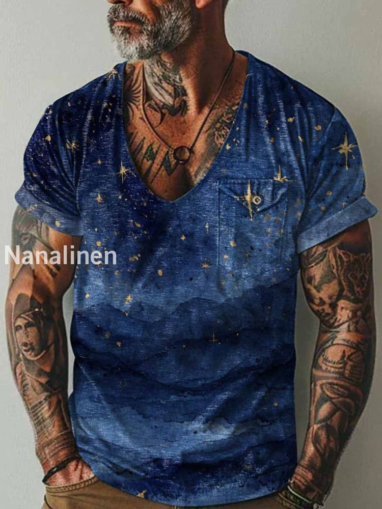 Men`s Fantasy Landscape Art Print Pocket Casual Short Sleeves T-Shirt Colorful / S