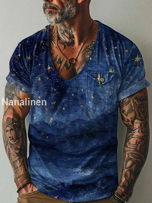 Men`s Fantasy Landscape Art Print Pocket Casual Short Sleeves T-Shirt Colorful / S