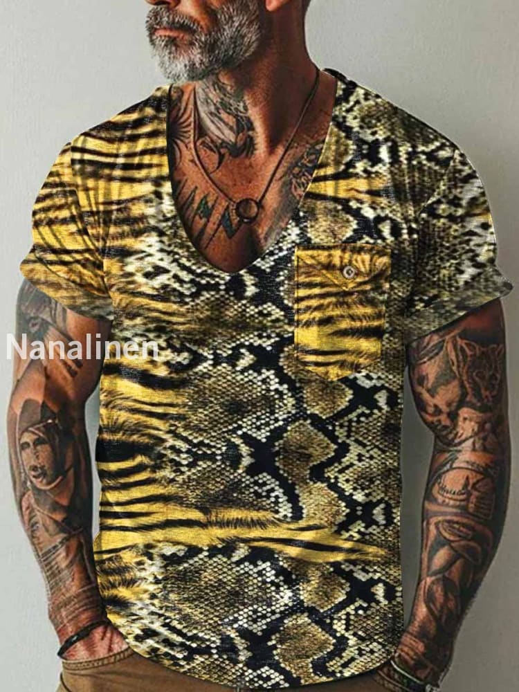 Men`s Fantasy Tiger Pattern Art Print Pocket Casual Short Sleeves T-Shirt Colorful / S