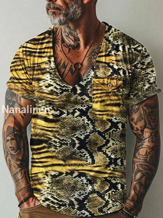 Men`s Fantasy Tiger Pattern Art Print Pocket Casual Short Sleeves T-Shirt Colorful / S