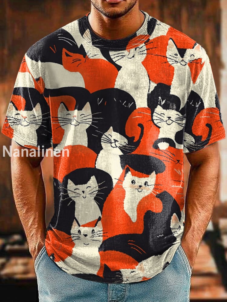 Men`s Funny Style Cats Abstract Art Print Design T-Shirt Colorful / S