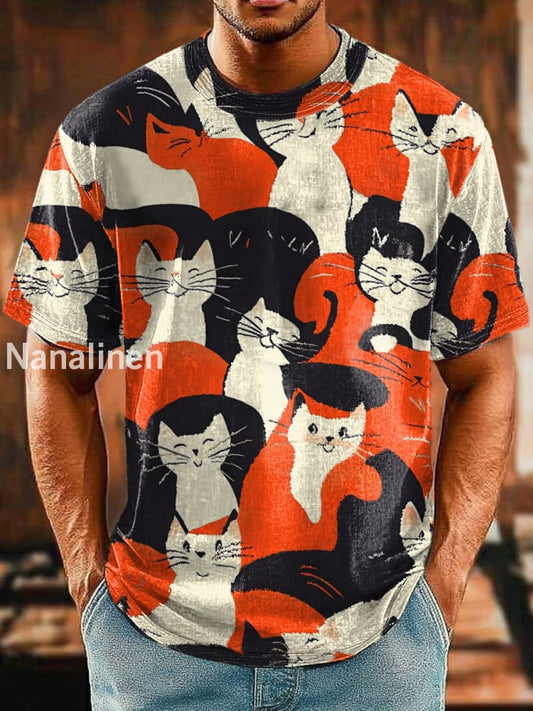 Men`s Funny Style Cats Abstract Art Print Design T-Shirt Colorful / S