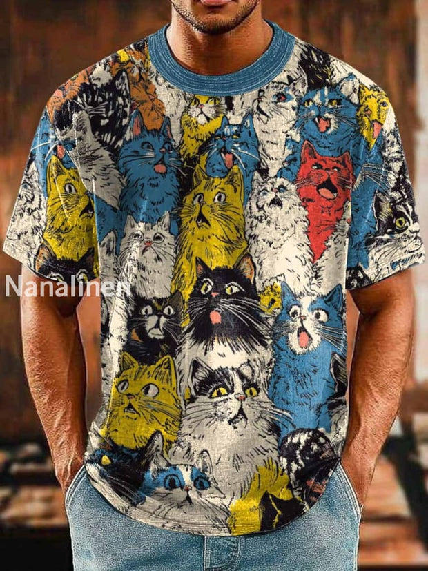 Men`s Funny Style Cats Abstract Art Print Design T-Shirt Colorful / S