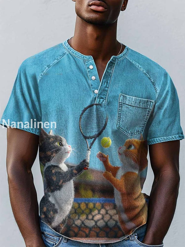 Men`s Funny Style Cats Play Abstract Art Print Design Casual T-Shirt Colorful / S