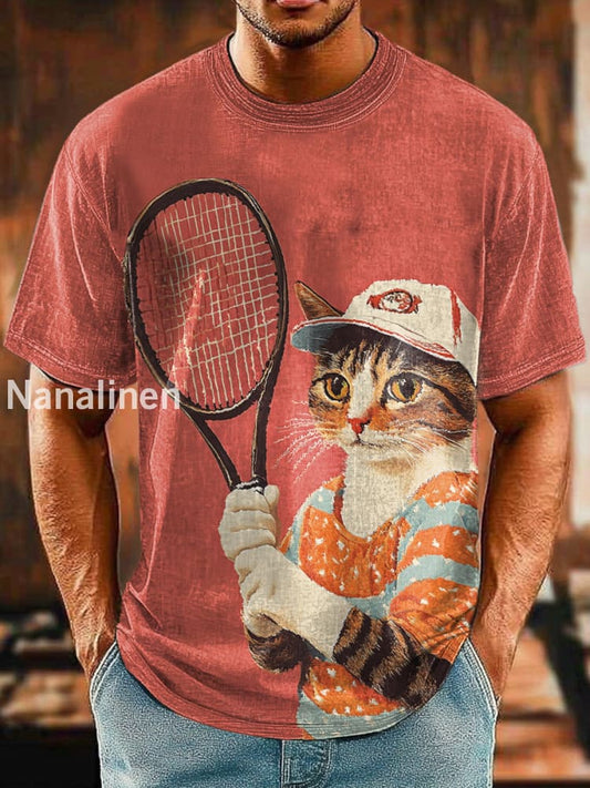 Men`s Funny Style Cats Play Tennis Abstract Art Print Design T-Shirt Colorful / S