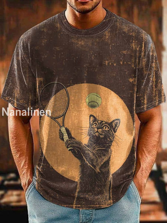 Men`s Funny Style Cats Play Tennis Abstract Art Print Design T-Shirt Colorful / S