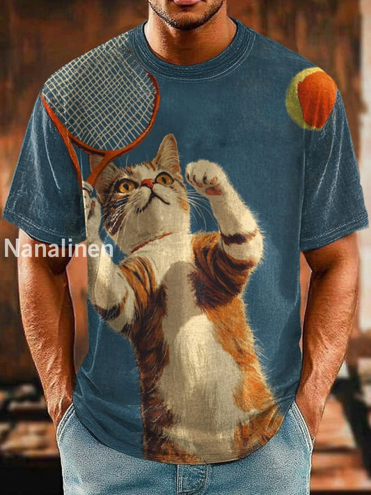 Men`s Funny Style Cats Play Tennis Abstract Art Print Design T-Shirt Colorful / S