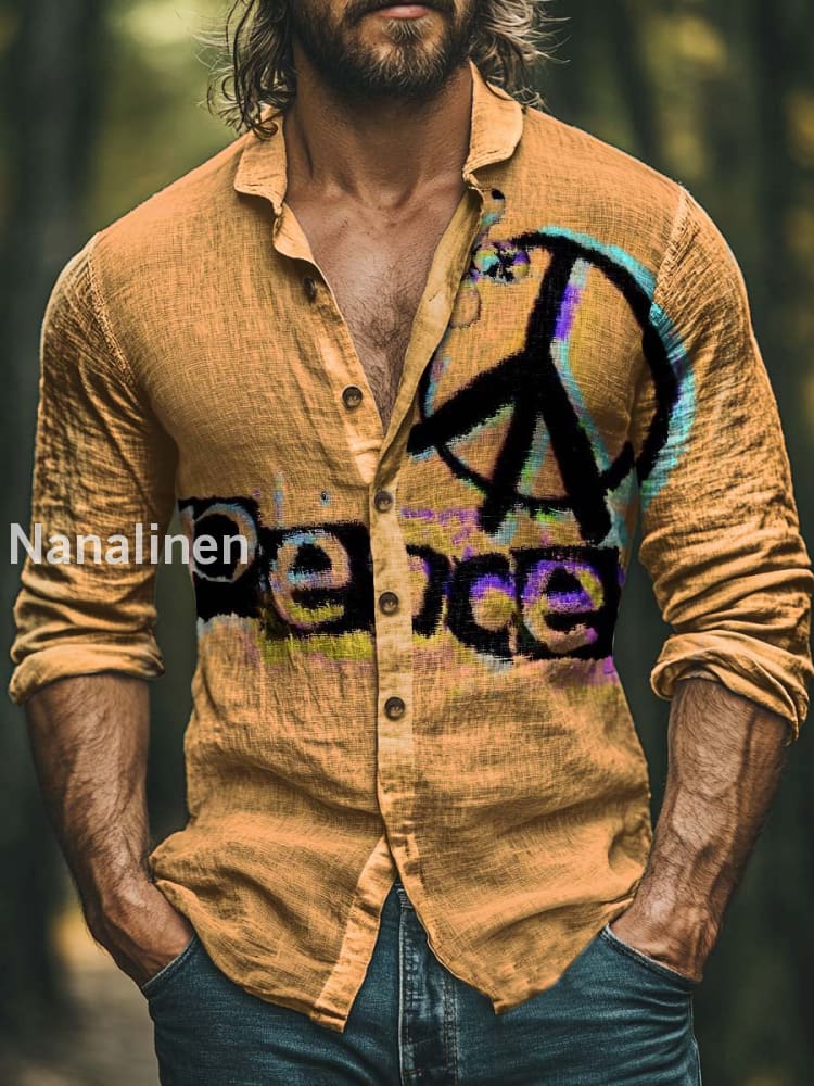 Men’s Hippie Style Peace Print Art Casual Cotton Shirt Colorful / S
