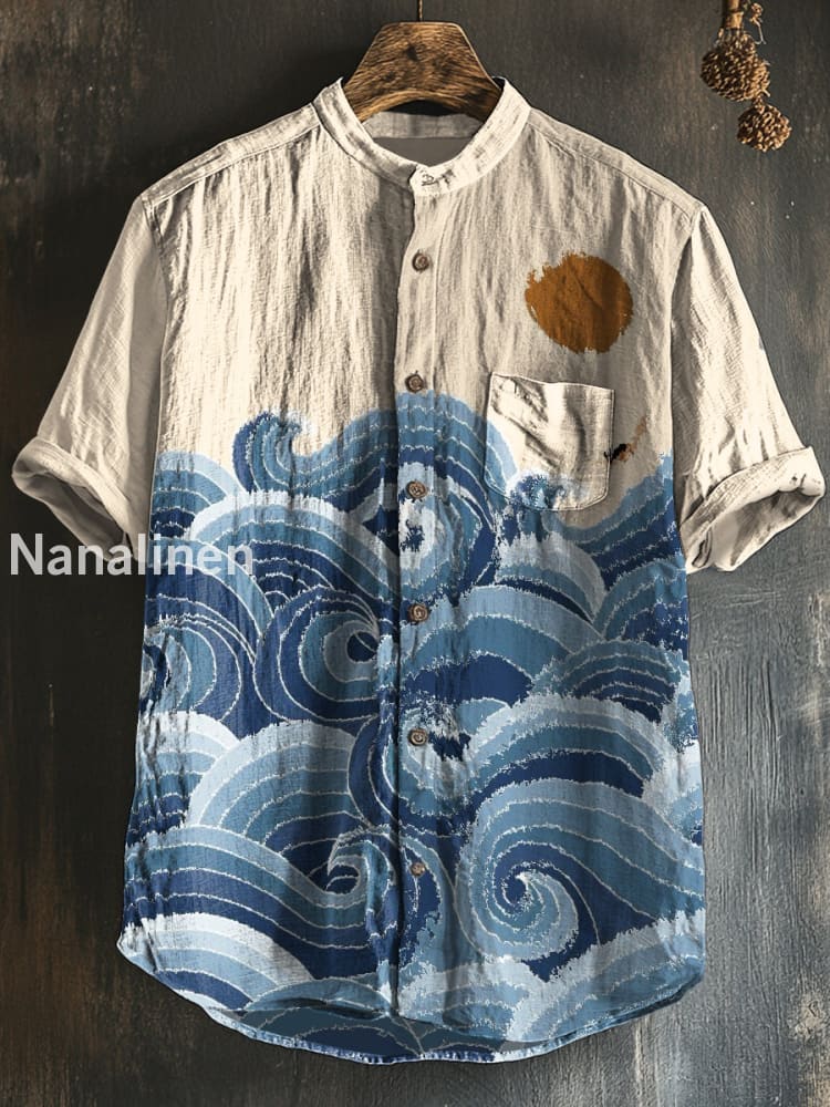Men`s Japanese Style Ocean Print Cotton Casual Short Sleeve Shirt Colorful / S