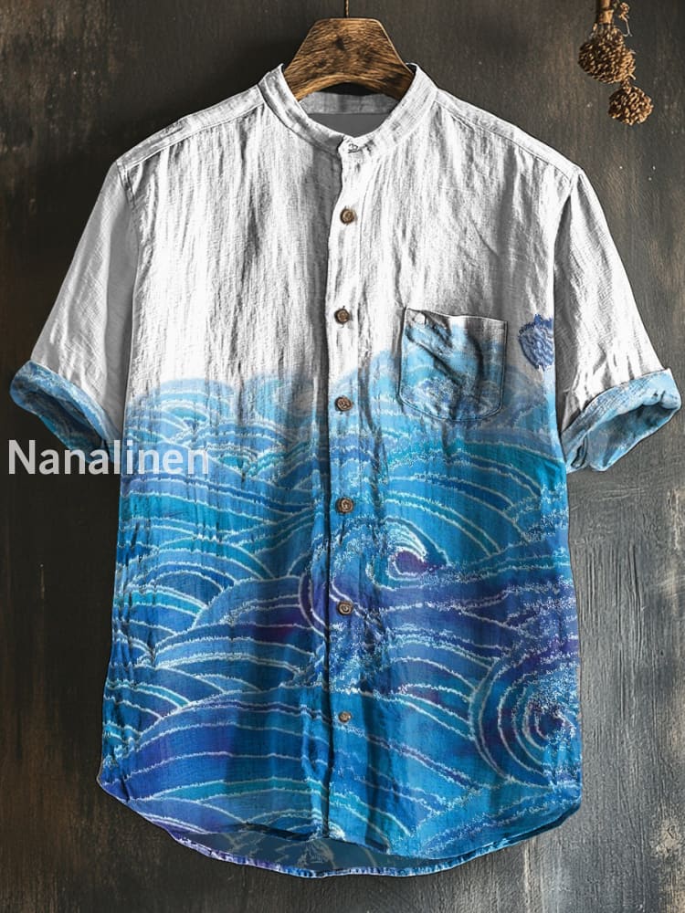Men`s Japanese Style Sea Print Cotton Casual Short Sleeve Shirt Colorful / S