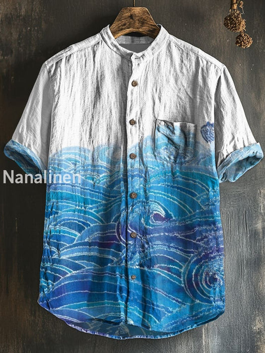 Men`s Japanese Style Sea Print Cotton Casual Short Sleeve Shirt Colorful / S