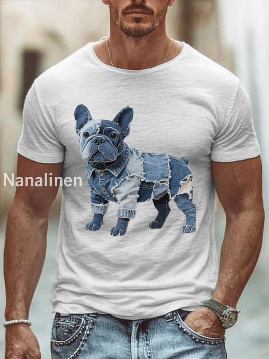 Men’s Lovely Bulldog Patchwork Art T-Shirt White / S