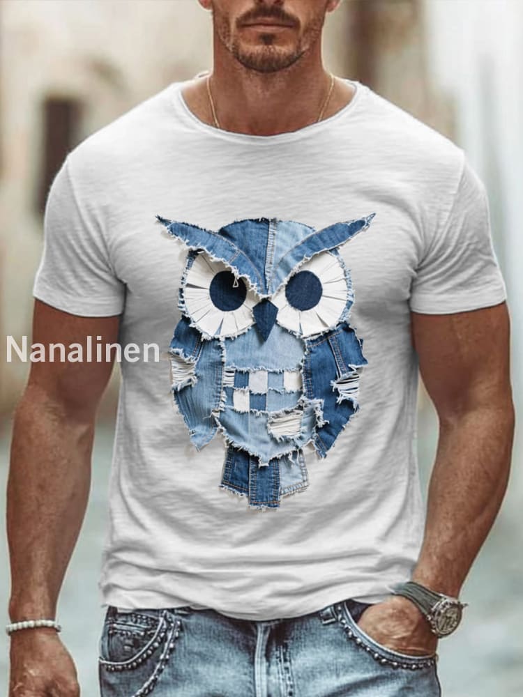 Men’s Owl Pattern Patchwork Art T-Shirt White / S
