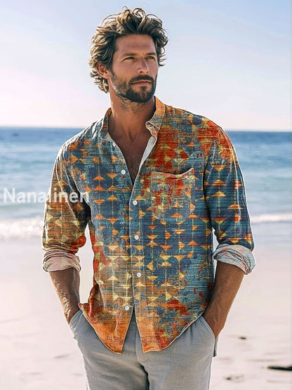 Men’s Retro Abstract Ethnic Geometric Print Casual Long Sleeve Shirt