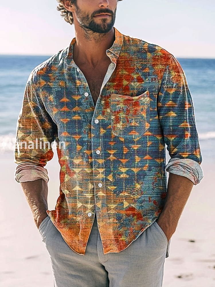 Men’s Retro Abstract Ethnic Geometric Print Casual Long Sleeve Shirt Colorful / S