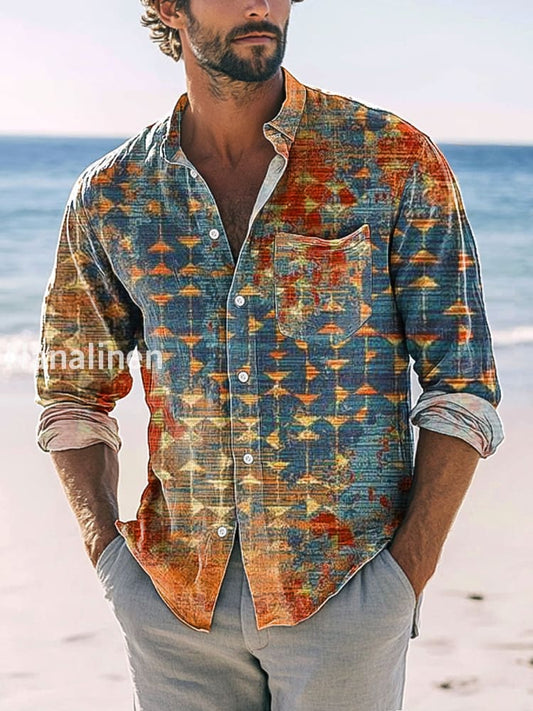 Men’s Retro Abstract Ethnic Geometric Print Casual Long Sleeve Shirt Colorful / S