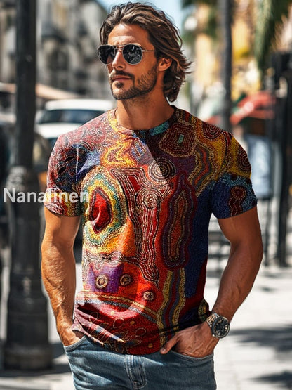 Men’s Retro Abstract Line Art Print Casual Short Sleeve T-Shirt