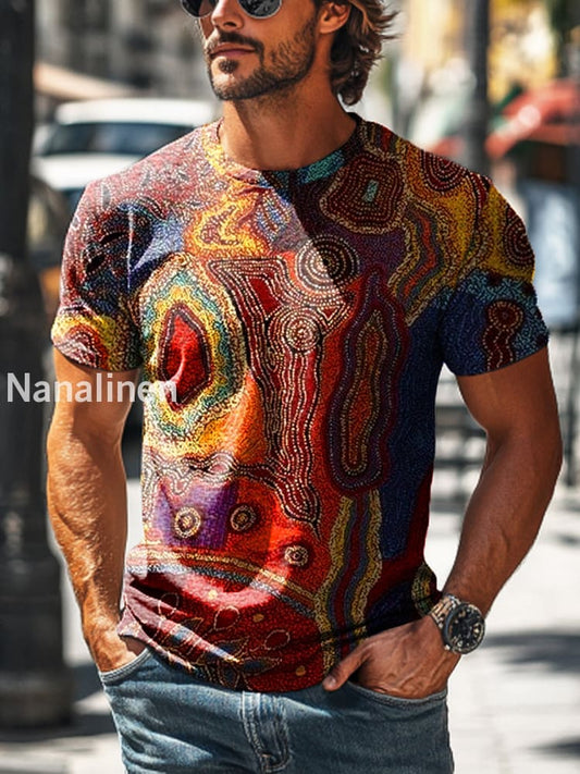 Men’s Retro Abstract Line Art Print Casual Short Sleeve T-Shirt Colorful / S