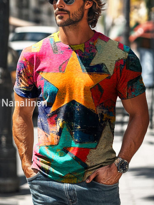 Men’s Retro Abstract Multicolor Pentagram Printed Casual Short Sleeve T-Shirt Colorful / S