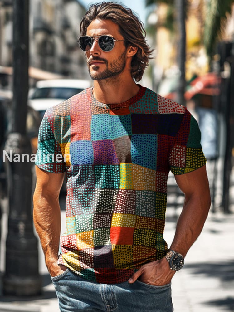 Men’s Retro Abstract Rainbow Color Plaid Printed Casual Short Sleeve T-Shirt