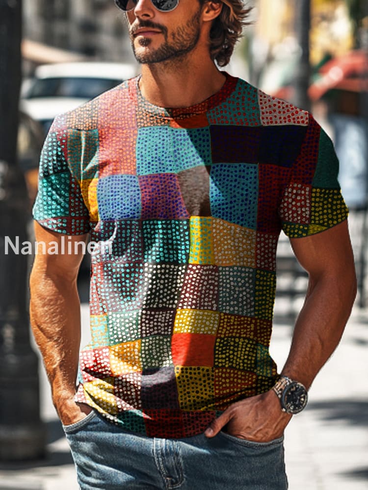 Men’s Retro Abstract Rainbow Color Plaid Printed Casual Short Sleeve T-Shirt Colorful / S