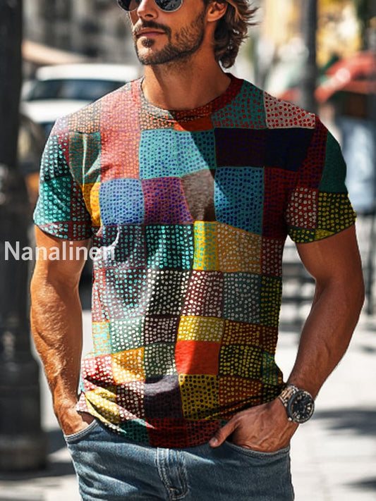 Men’s Retro Abstract Rainbow Color Plaid Printed Casual Short Sleeve T-Shirt Colorful / S