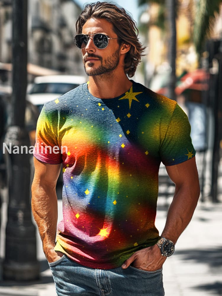 Men’s Retro Abstract Rainbow Star Print Casual Short Sleeve T-Shirt