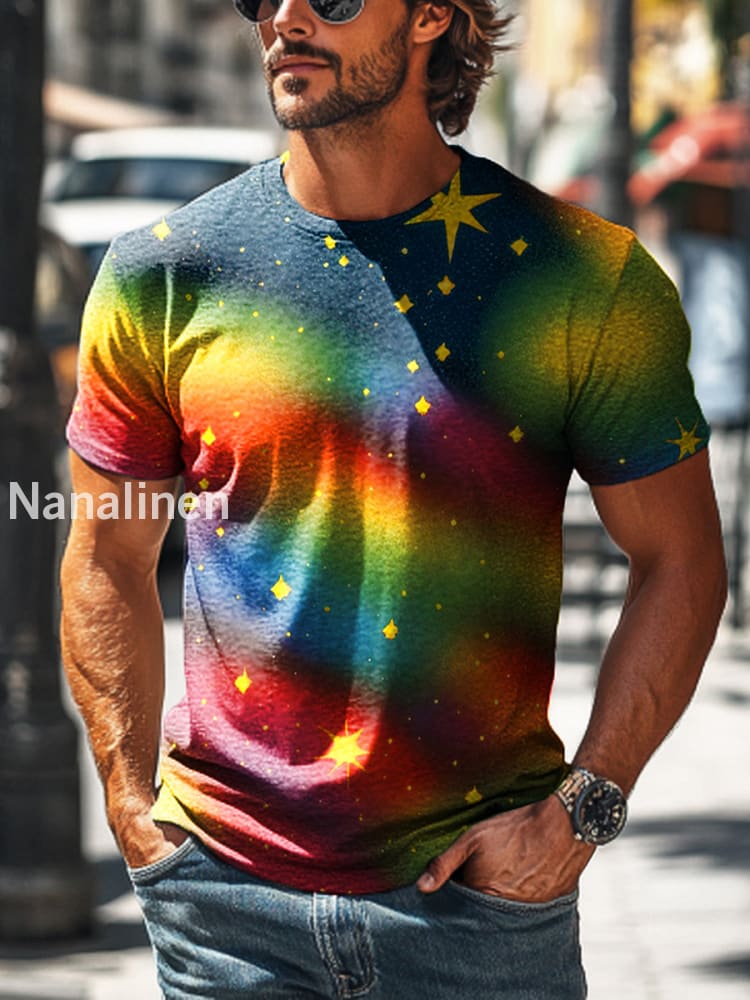 Men’s Retro Abstract Rainbow Star Print Casual Short Sleeve T-Shirt Colorful / S