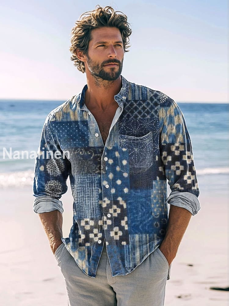 Men’s Retro Ethnic Style Patchwork Printed Casual Long Sleeve Shirt