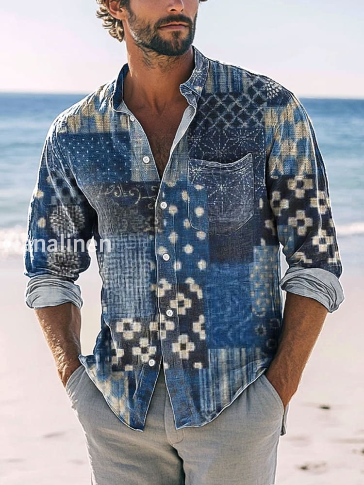 Men’s Retro Ethnic Style Patchwork Printed Casual Long Sleeve Shirt Colorful / S