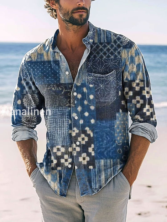 Men’s Retro Ethnic Style Patchwork Printed Casual Long Sleeve Shirt Colorful / S