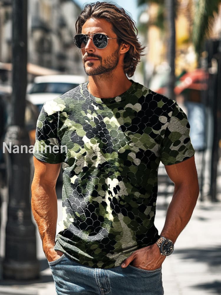 Men’s Retro Geometric Camouflage Print Casual Short Sleeve T-Shirt