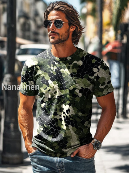 Men’s Retro Geometric Camouflage Print Casual Short Sleeve T-Shirt