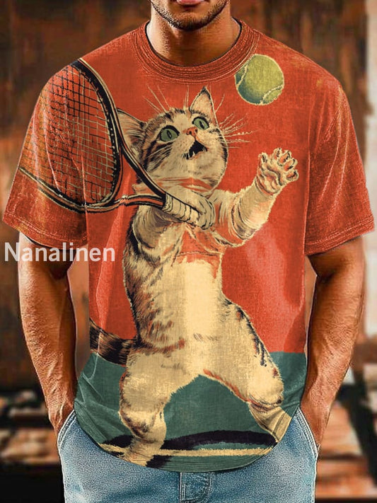 Men`s Retro Style Cats Play Tennis Abstract Art Print Design T-Shirt Colorful / S