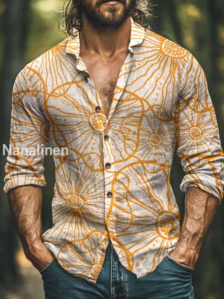 Men’s Retro Style Floral Print Art Casual Cotton Shirt Colorful / S