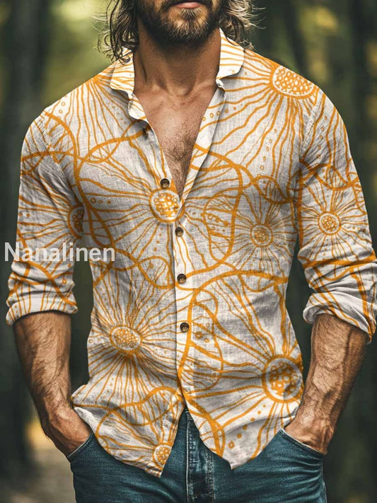 Men’s Retro Style Floral Print Art Casual Cotton Shirt Colorful / S
