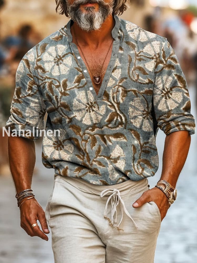 Men`s Retro Style Flowers Print Cotton Casual Long Sleeve Shirt Colorful / S