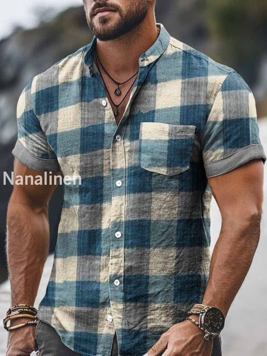 Men`s Retro Style Plaid Print Cotton Casual Short Sleeve Shirt Colorful / S