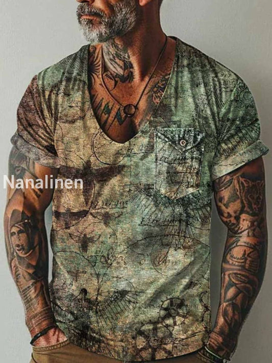 Men`s Vintage Abstract Art Print Pocket Casual Short Sleeves T-Shirt Colorful / S