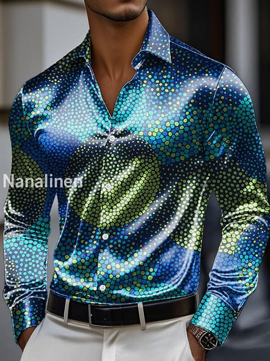 Men’s Vintage Abstract Dot Print Premium Satin Long Sleeve Shirt Colorful / S