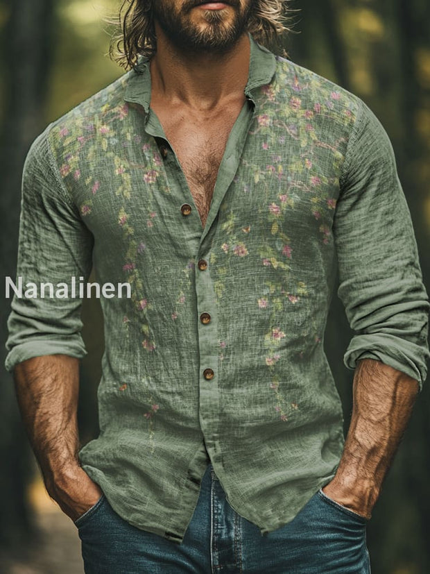 Men’s Vintage Abstract Floral Print Art Casual Cotton Shirt Colorful / S