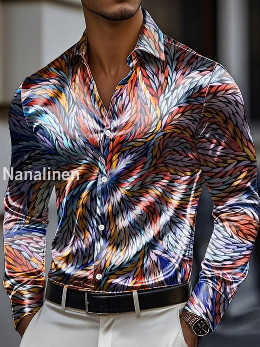 Men’s Vintage Abstract Geometric Print Premium Satin Long Sleeve Shirt Colorful / S