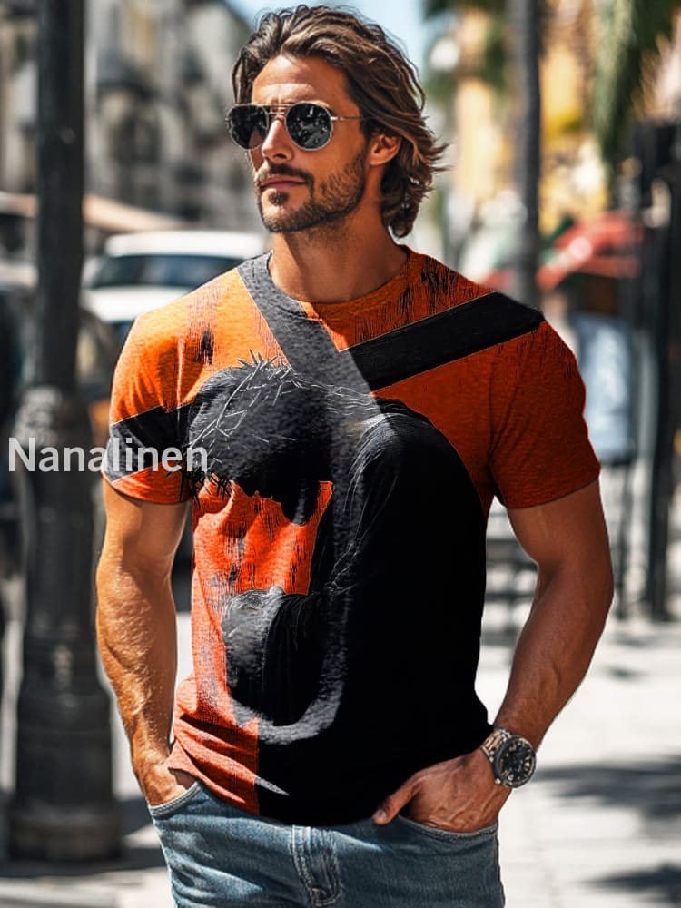 Men’s Vintage Abstract Jesus Cross Print Casual Short Sleeve T-Shirt