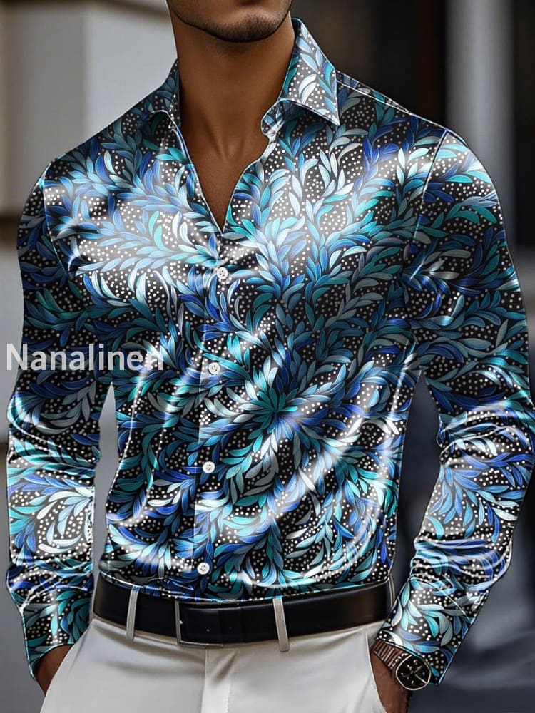 Men’s Vintage Abstract Leaf Print Premium Satin Long Sleeve Shirt Colorful / S