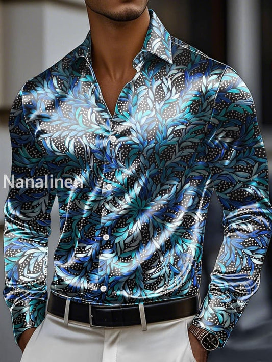 Men’s Vintage Abstract Leaf Print Premium Satin Long Sleeve Shirt Colorful / S