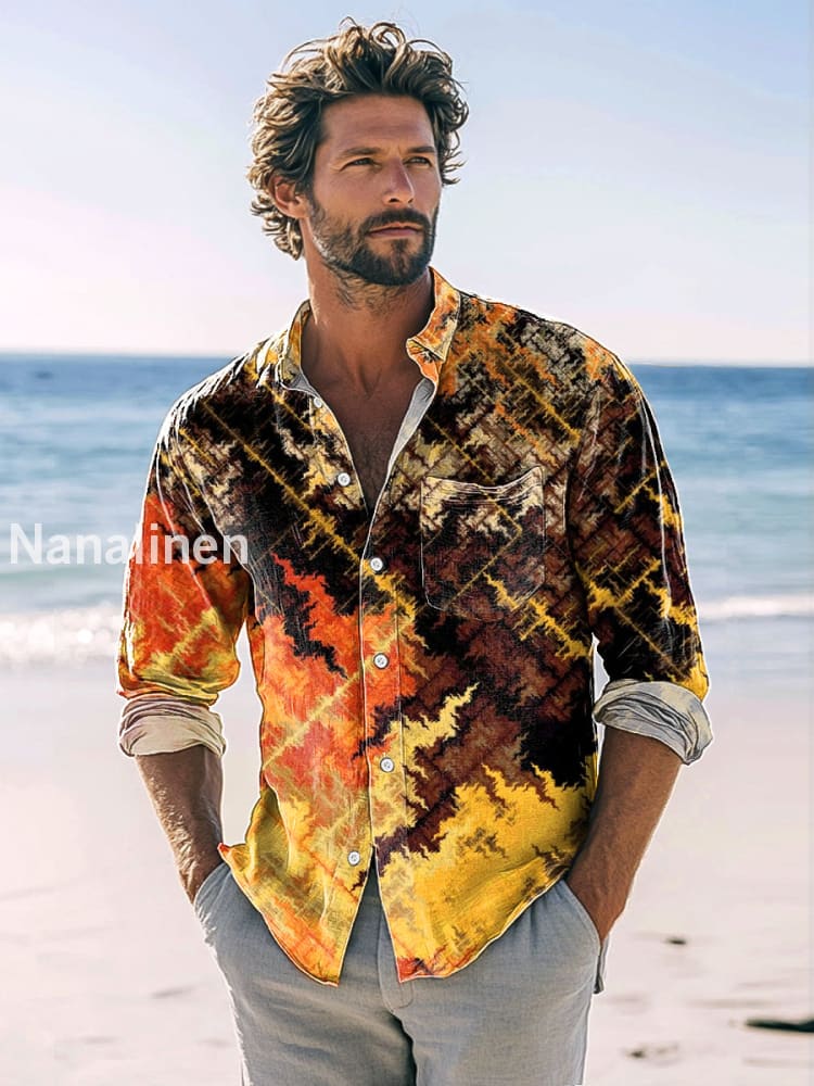 Men’s Vintage Abstract Line Geometric Print Casual Long Sleeve Shirt