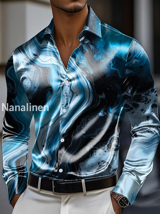 Men’s Vintage Blue Marbled Print Premium Satin Long Sleeve Shirt Colorful / S